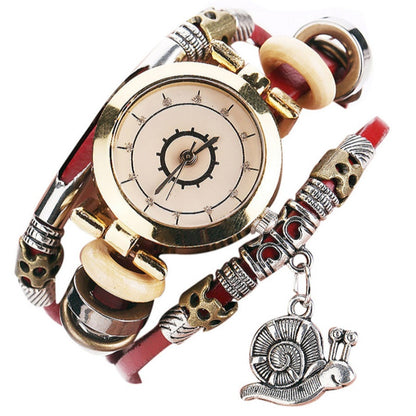 Vintage-Armbanduhr für Damen, Wickeluhr aus Leder mit Schneckenanhänger