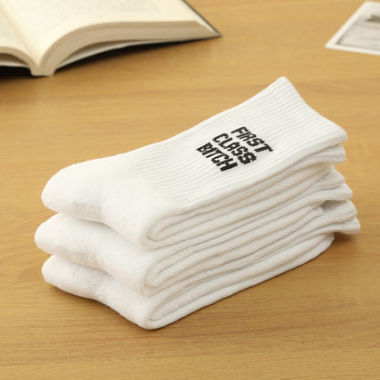 Simple English Letters White Men's And Women's Same Style Comfortable Breathable Calf Socks