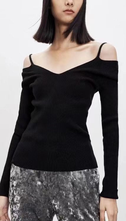 Slim Fit Backless Design Slimming Jumper Women off-the-Shoulder Inner Wear Sweater Black Knitwear Women