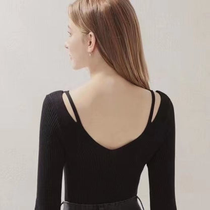 Slim Fit Backless Design Slimming Jumper Women off-the-Shoulder Inner Wear Sweater Black Knitwear Women