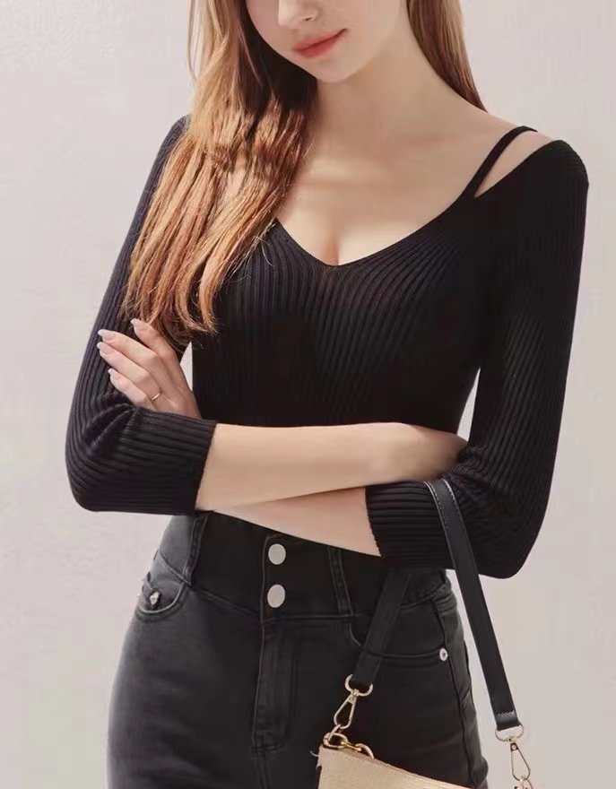 Slim Fit Backless Design Slimming Jumper Women off-the-Shoulder Inner Wear Sweater Black Knitwear Women