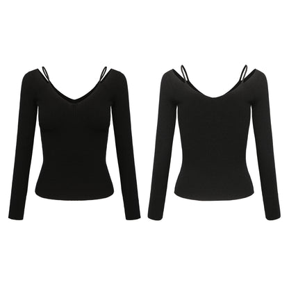 Slim Fit Backless Design Slimming Jumper Women off-the-Shoulder Inner Wear Sweater Black Knitwear Women