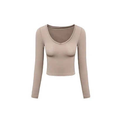 Office Slim Fit Pullover Inner Wear Solid Color Knitted Long-Sleeved Cotton Chest Exposed cropped Short Top Summer