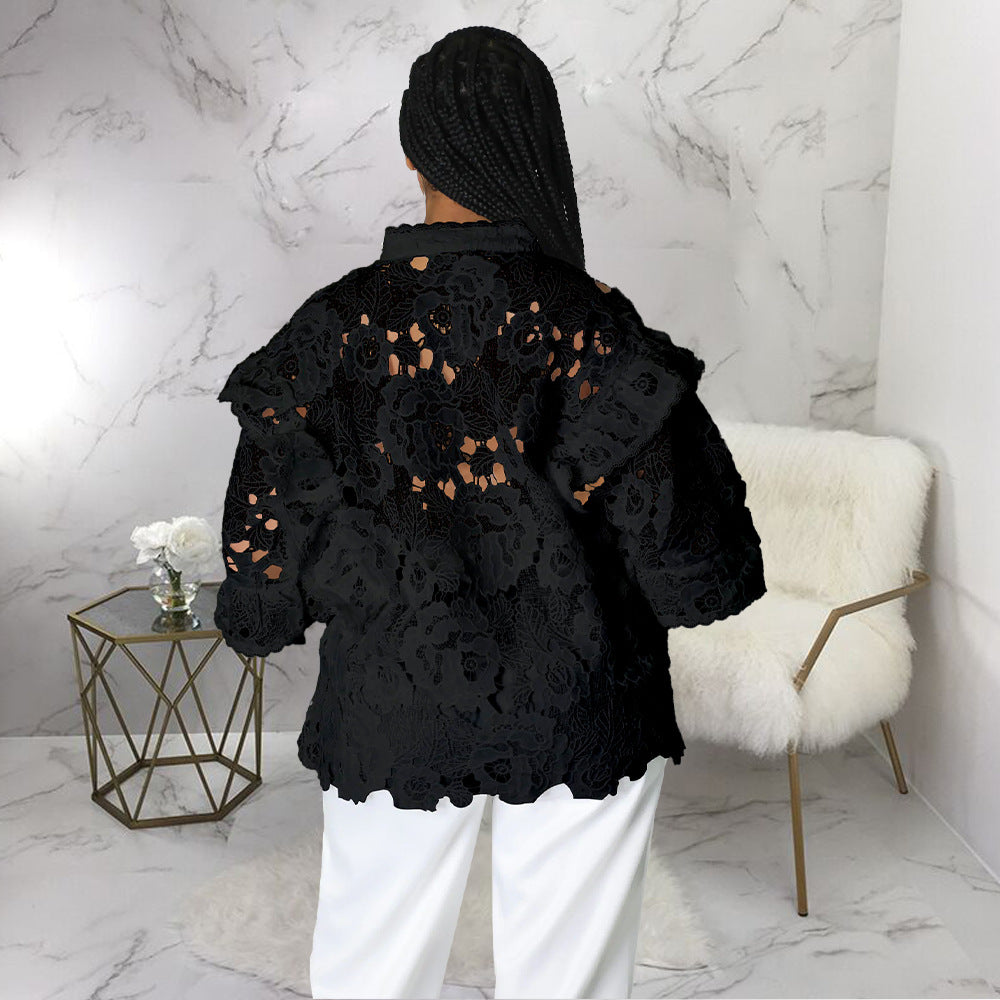 Women Hollow Out Cutout out Flounce Trim Lace up Cardigan Lantern Sleeve