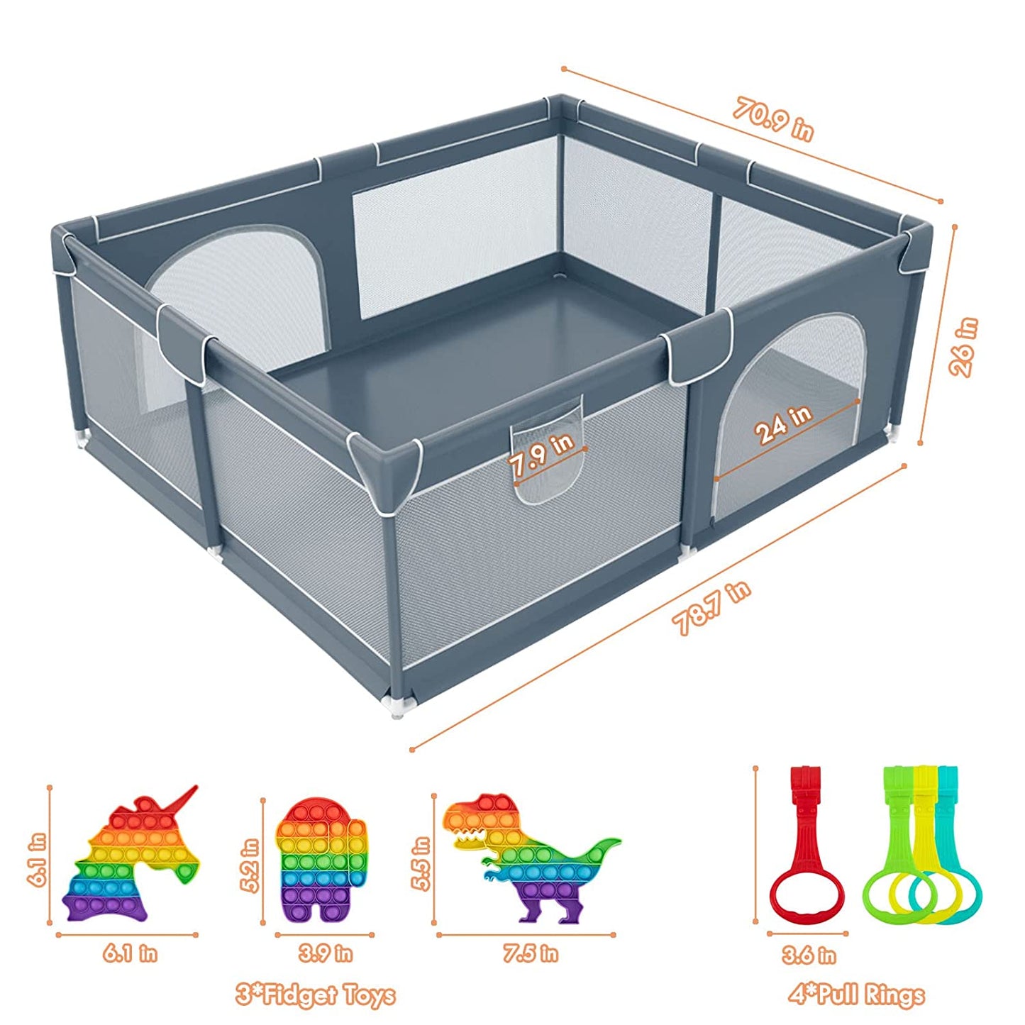 Großer Baby-Laufstall 79 x 71, extra großer Laufstall für Babys und Kleinkinder, Spielplatz mit Tor, Babyzaun mit atmungsaktivem Netz, sicheres Aktivitätscenter für drinnen und draußen, Grau