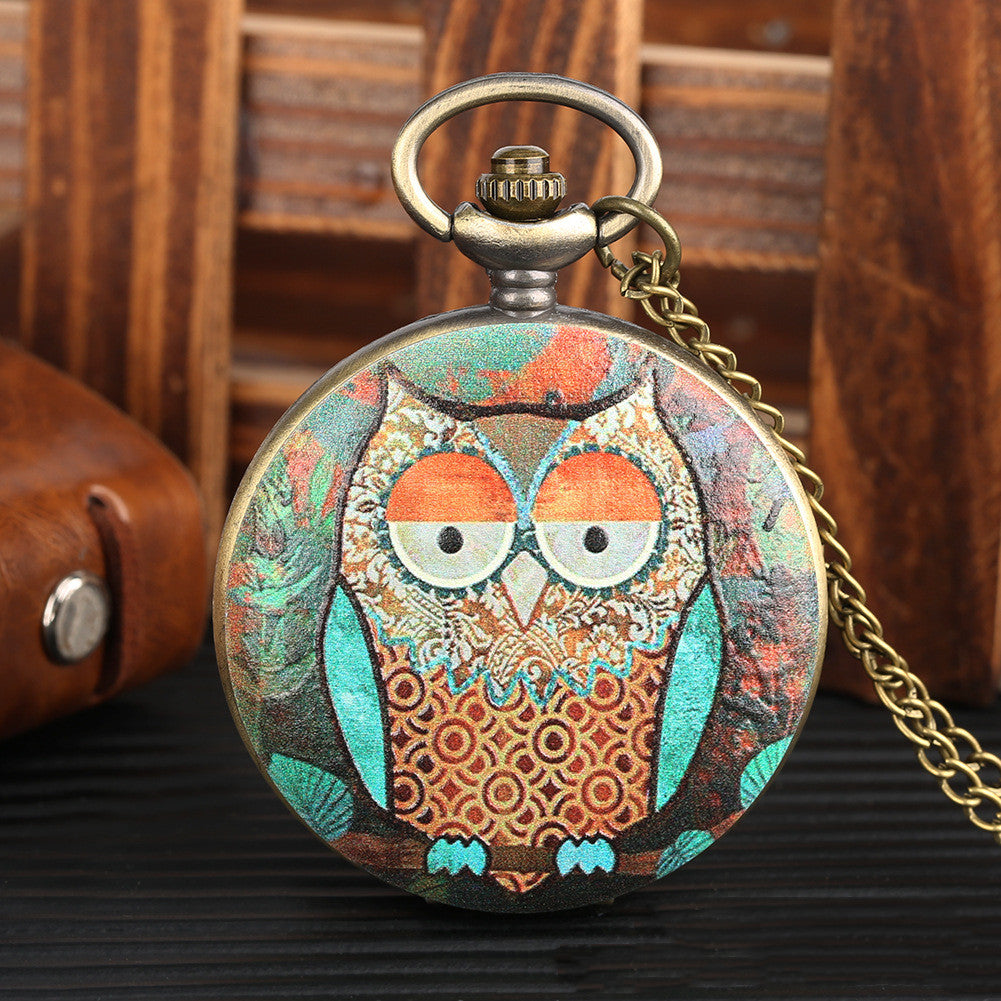 Flip Cartoon Owl Pattern Reloj de bolsillo Lindo estudiante