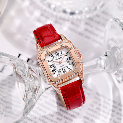 Reloj de mujer con cinturón de diamantes cuadrados y números romanos simples