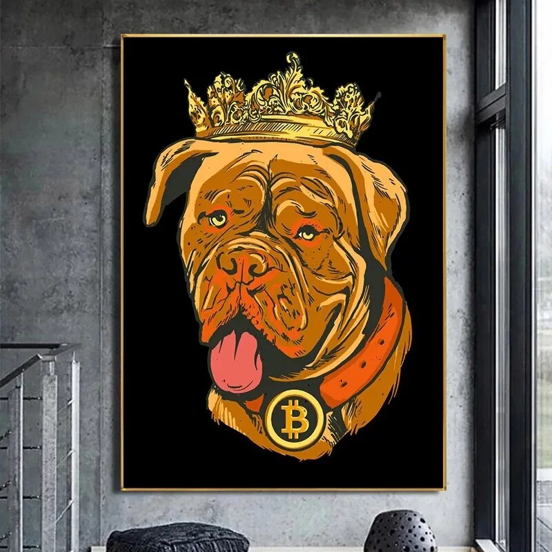 Neón dorado Bitcoin Bull Crypto lienzo pintura Pug Bitcoin póster e impresión divertida imagen artística de pared para la decoración del hogar de la sala de estar