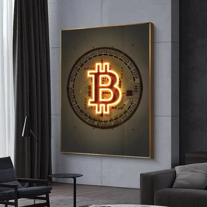 Neon Gold Bitcoin Bull Crypto Leinwandgemälde Mops Bitcoin Poster und Druck Lustiges Wandkunstbild für Wohnzimmer Home Decor