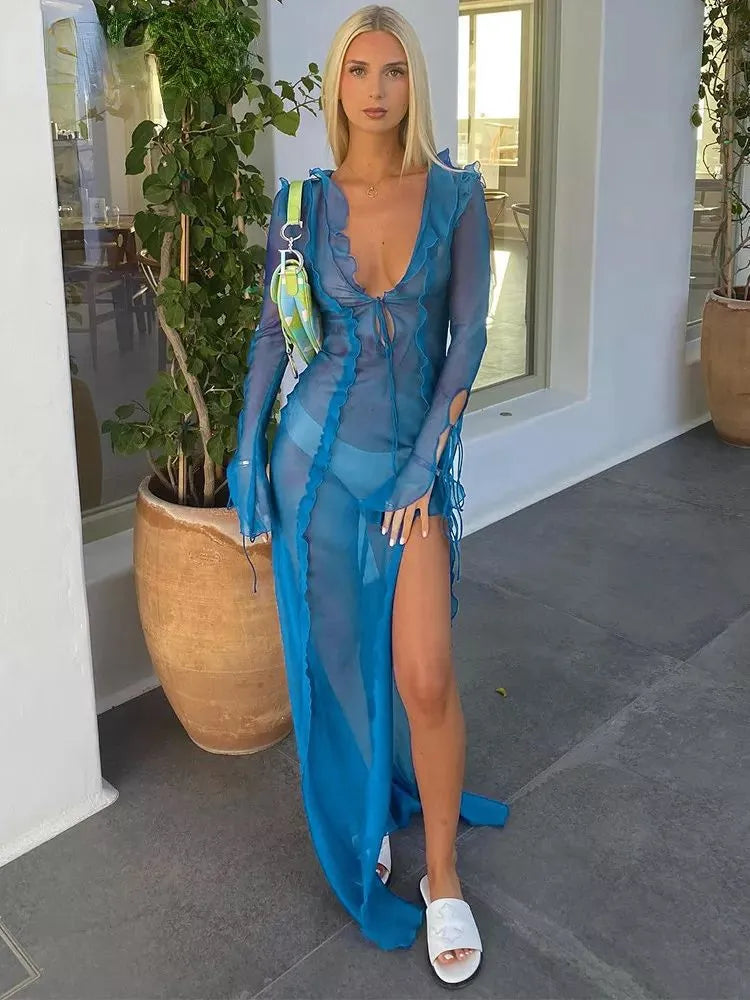 Summer Beach Dress Women Elegant  Ruffles Slim Maxi Dress 2022 New Sexy Blue Long Sleeve Evening Party Dress Club Outfits