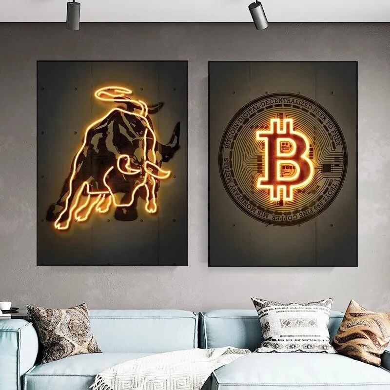 Neón dorado Bitcoin Bull Crypto lienzo pintura Pug Bitcoin póster e impresión divertida imagen artística de pared para la decoración del hogar de la sala de estar