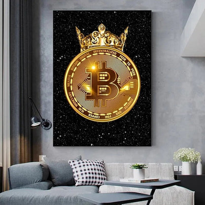 Neon Gold Bitcoin Bull Crypto Leinwandgemälde Mops Bitcoin Poster und Druck Lustiges Wandkunstbild für Wohnzimmer Home Decor