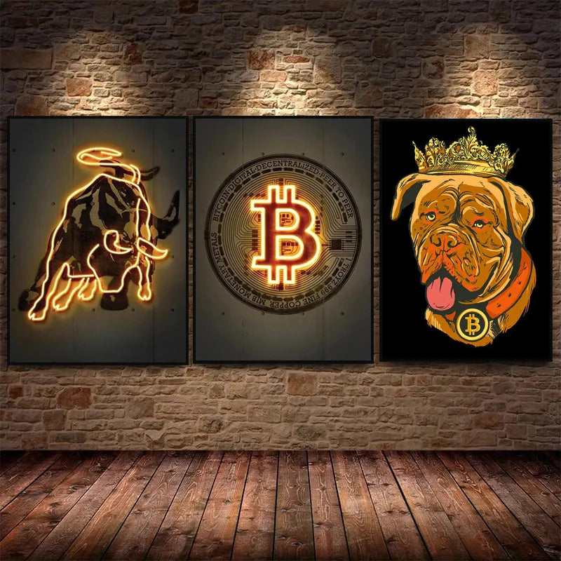 Neón dorado Bitcoin Bull Crypto lienzo pintura Pug Bitcoin póster e impresión divertida imagen artística de pared para la decoración del hogar de la sala de estar