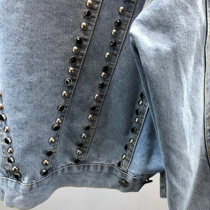 Weibliche Oberbekleidung Mode Mit Nieten Diamant Denim Jacke Frauen Kleidung Kurze Schlanke Unregelmäßige Denim Mantel Frauen Chaqueta De Mezclilla