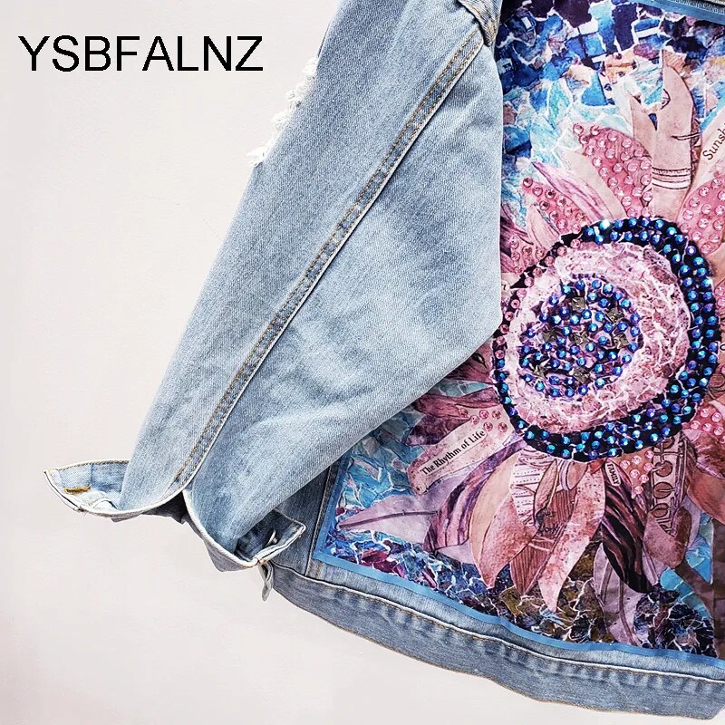 Women Denim Jacket Feminine Spring Autumn Boho Sequin Floral Appliques Embroidery Coat Long Sleeve Outerwear Female Veste Femme