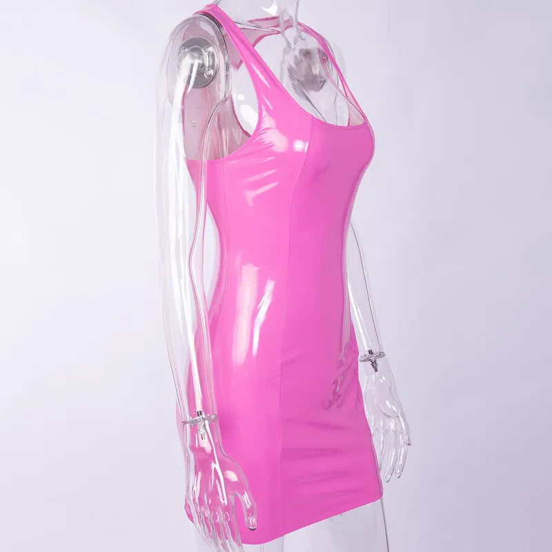 Vestido ajustado de cuero rosa para mujer, minivestido Sexy ajustado sin mangas con cuello cuadrado y PU para fiesta en club nocturno de verano