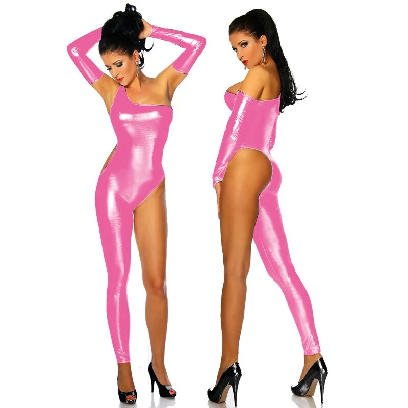 Novelty Women Nightclub Pole Dancing Costume Sexy One Leg And One Shoulder Jumpsuit Shiny Metallic Skinny Bodysuit With Gloves