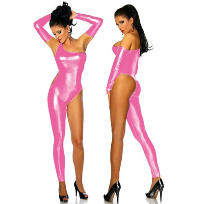 Novelty Women Nightclub Pole Dancing Costume Sexy One Leg And One Shoulder Jumpsuit Shiny Metallic Skinny Bodysuit With Gloves