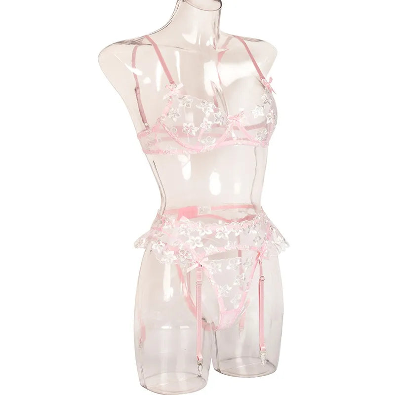 Floral Sinnliches Dessous Spitze Stickerei Unterwäsche Set 3 Stück Push Up BH Intim Transparent Bilizna Set