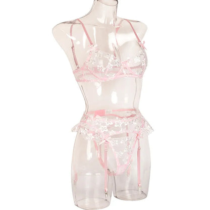 Conjunto de ropa interior con bordado de encaje, lencería Sensual Floral, sujetador push-up de 3 piezas, conjunto íntimo transparente Bilizna