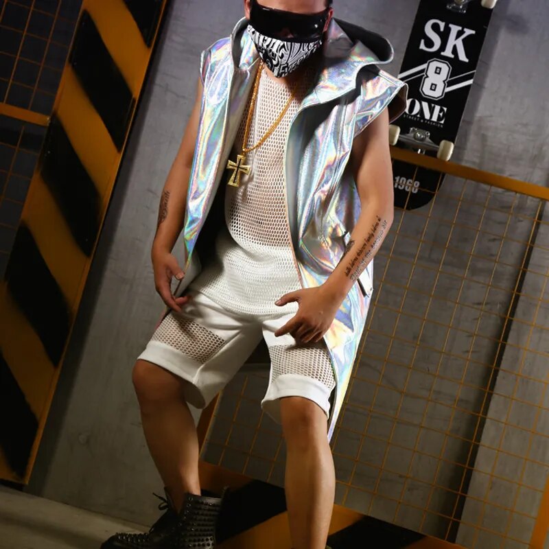 Nightclub Men PU Leather Silver Hooded Sleeveless Cloak Gogo Dance Costume Rave Clothes Bar Stage DJ Costumes Singer Long Suit