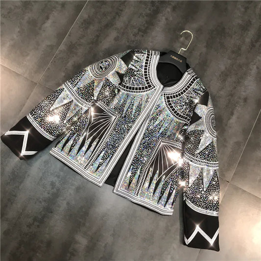 Women Shiny Jacket 2023 Silver Sequins Geometric Bomber Jackets O Neck Nationality Embroid Coat Casual Outerwear Female Clothing