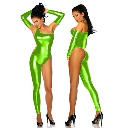 Novelty Women Nightclub Pole Dancing Costume Sexy One Leg And One Shoulder Jumpsuit Shiny Metallic Skinny Bodysuit With Gloves