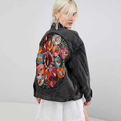 Vintage Oversized Multi Floral Embroidered Denim Jacket Women Cowboy Long Sleeve Lapel Casual Denim Coat Streetwear Outwear