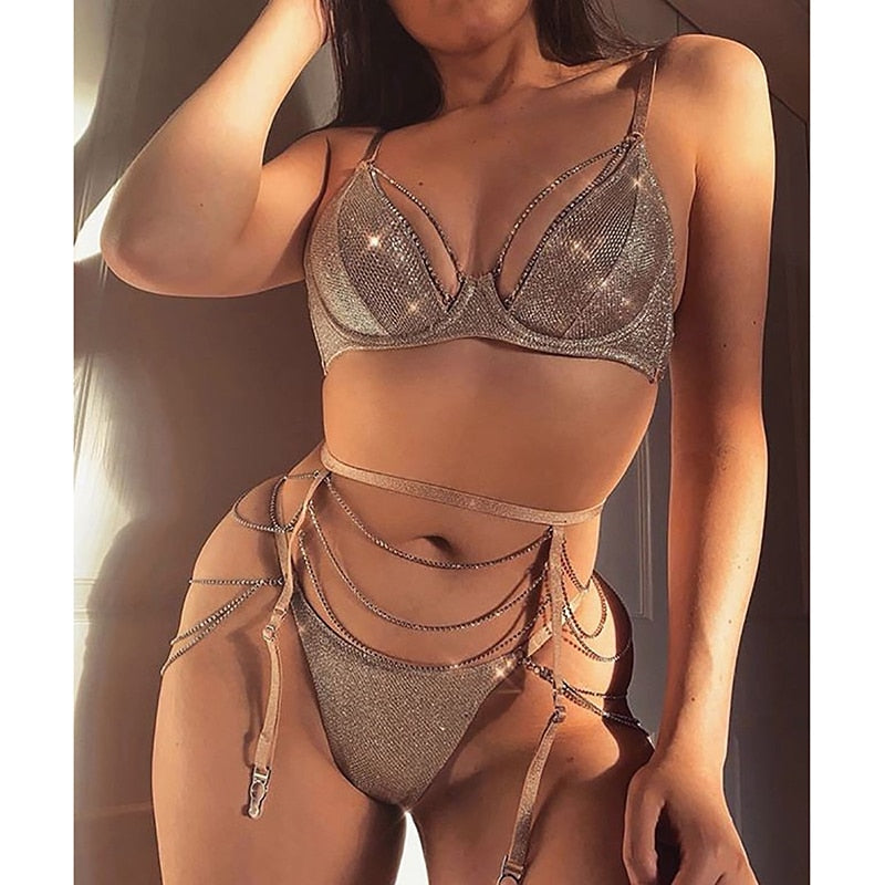 Conjunto de sujetador y bragas de realce con cadena brillante para mujer, conjunto de lencería íntima con diamantes de imitación, ropa interior, Bralette, conjunto breve Sexy