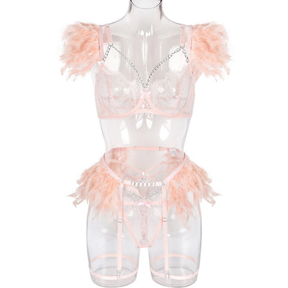 Lencería de plumas, ropa interior Sexy para mujer, sujetador transparente, cadena de Metal, encaje, conjunto de 3 piezas, íntimo de lujo