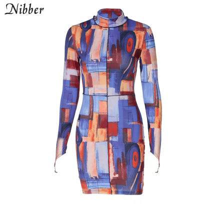 Nibber Bohemian Fashion Mini Slim Kleider Rundhals Farbdruck Design Bodycon für Frauen Ausgehen Urlaub Street Club Party Wear