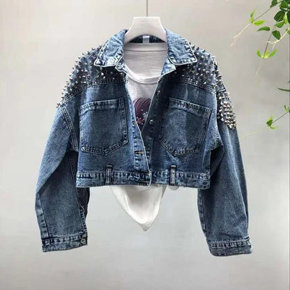 Primavera nueva chaqueta vaquera para mujer remache locomotora viento Jeans abrigo de manga larga chaquetas de mujer brillo azul holgado Casual Casaco Femme