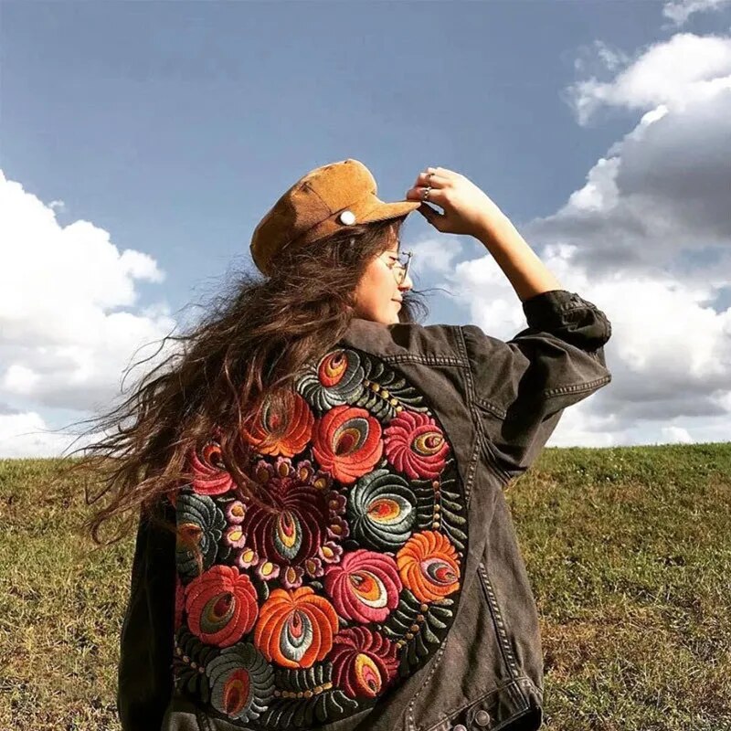 Chaqueta vaquera Vintage de gran tamaño con varias flores bordadas para mujer, abrigo vaquero informal de manga larga con solapa, ropa de calle, prendas de vestir