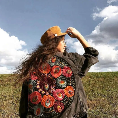 Vintage Oversized Multi Floral Embroidered Denim Jacket Women Cowboy Long Sleeve Lapel Casual Denim Coat Streetwear Outwear