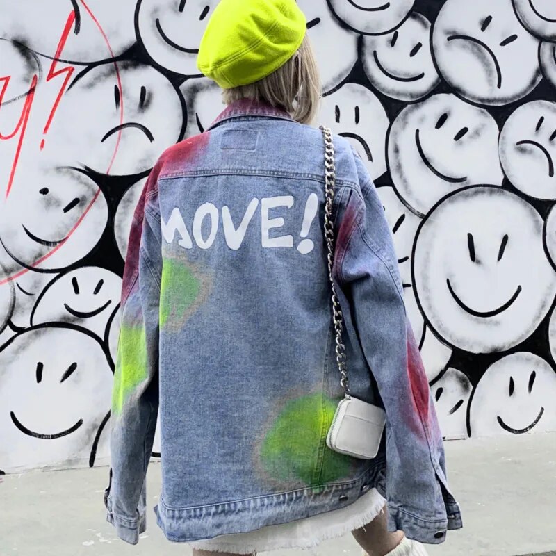 Oversized Lacquer Painted Graffiti Denim Jackets Womens 2023 Autumn Long Sleeve Loose Vintage BF Coats Harajuku Jackets Jeans