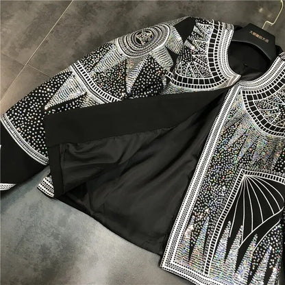 Frauen Glänzende Jacke 2023 Silber Pailletten Geometrische Bomber Jacken O Neck Nationalität Embroid Mantel Casual Oberbekleidung Weibliche Kleidung