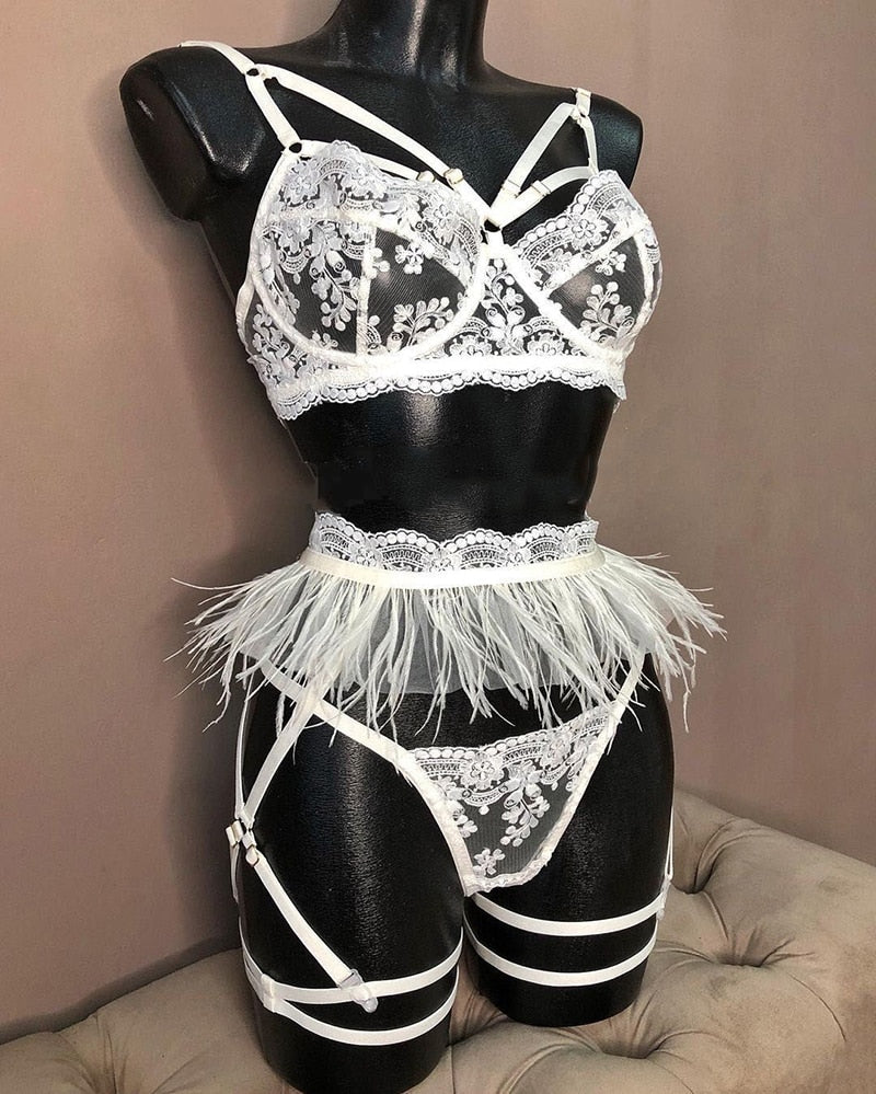 Feather Sexy Lingerie Women's Underwear Set Woman 3 Pieces Women Sets Lingerie Sexy Push up Sensual Lingerie Woman