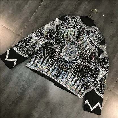 Chaqueta brillante para mujer, cazadora geométrica con lentejuelas plateadas, cuello redondo, abrigo bordado de nacionalidad, ropa informal para mujer 2023