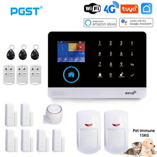 PGST PG103 Wifi 4G Tuya sistema de alarma con Sensor de movimiento inmune a mascotas cámara IP inalámbrica soporte de seguridad para el hogar inteligente Alexa enchufe de la UE