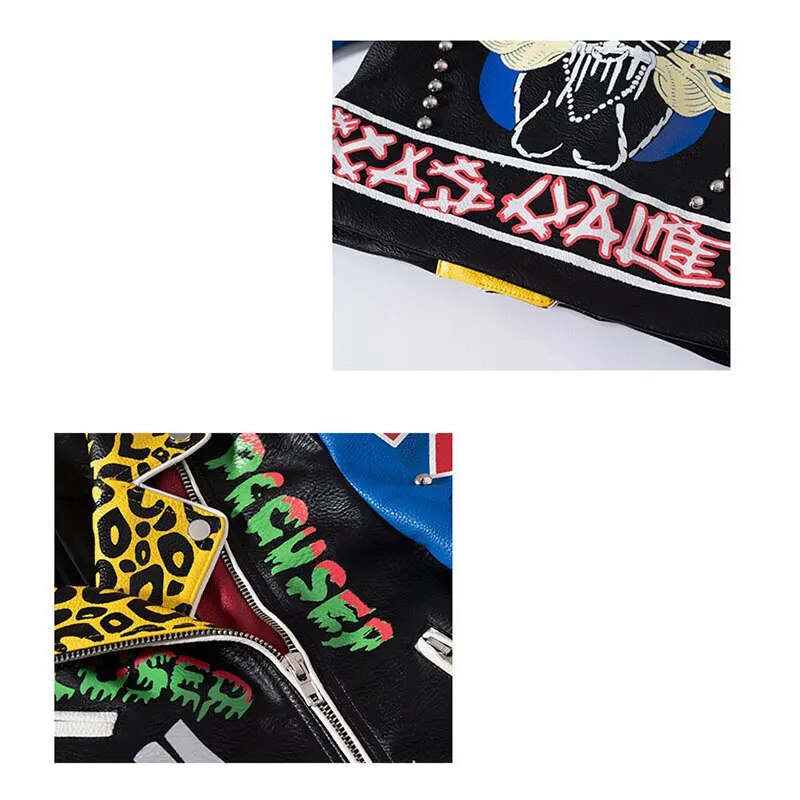 Spring Faux Leather High Waist Jacket  Women Graffiti Leopard Pattern Rivet Motorcycle Clothing