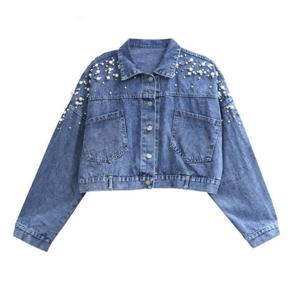 Frühling Mäntel Und Jacken Frauen Korea Süße Perle Dekor Denim Jacke Kurze Jacke Perlen Langarm Casual Taschen Lose Kleidung