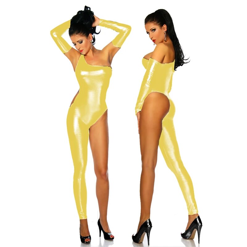 Novelty Women Nightclub Pole Dancing Costume Sexy One Leg And One Shoulder Jumpsuit Shiny Metallic Skinny Bodysuit With Gloves