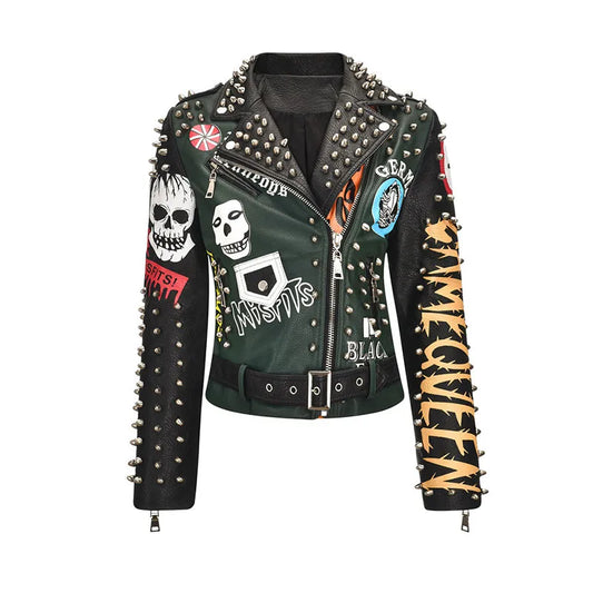 Primavera cráneo patrón Graffiti chaquetas cortas de cuero para mujeres Punk remache ropa informal ajustada chaquetas de motocicleta abrigo