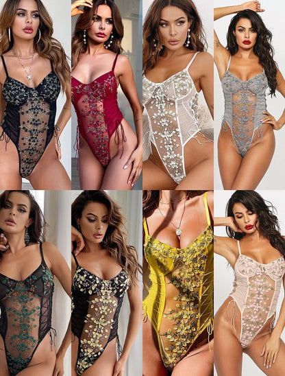 Floral Embroidery Bodysuit Women Lace Up  Bodies Sexy Sleeveless Bodycon Transparent Lingerie Mesh Bodysuits Top