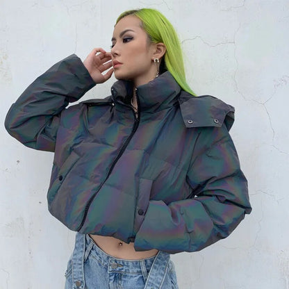 Winter Warm Women Rainbow Reflective Jacket Parka Hip Hop Fashion Short Long Female Cotton-Padded Hooded Coat Crop Top Dropshing