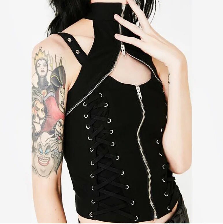 Vintage Sleeveless Vest T-Shirt Hollow Out  Zipper knight Top Gothic Punk Women Black Sexy Sreetwear Nightclub Tops