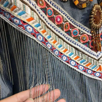 Chaqueta vaquera bordada para mujer, abrigo Vintage de manga larga, abrigos adornados de pasarela para Festival, Chaqueta elegante para mujer 2023