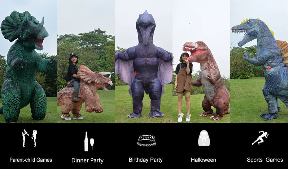 Neues aufblasbares Dino T-Rex Spinosaurus Pterosaur Triceratops Erwachsenes Velociraptor Kostüm Maskottchen Cosplay Halloween Frauen Mann Kind