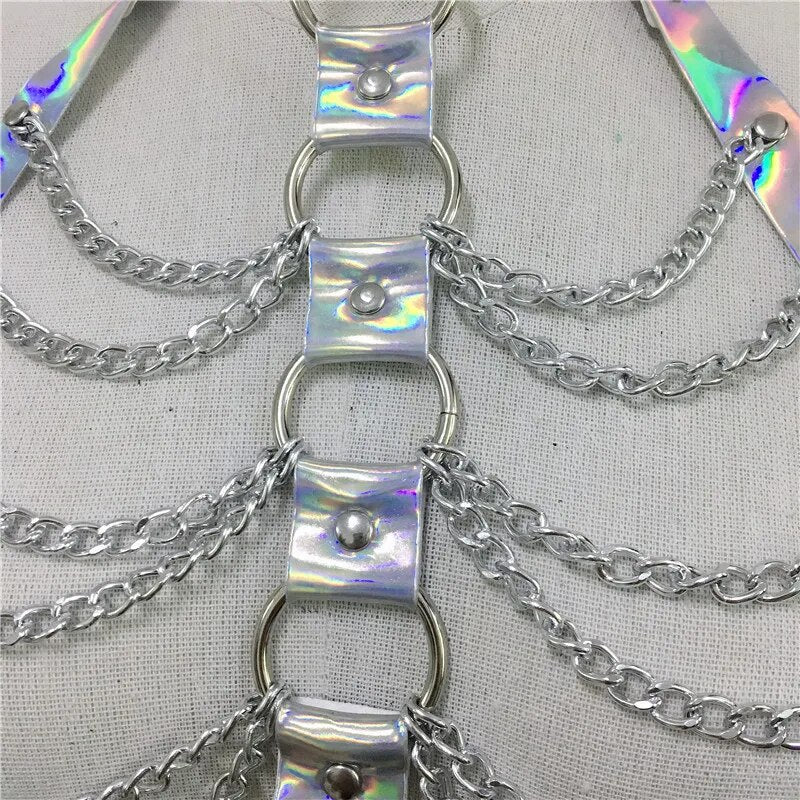 Holographische PU Zwei Stück Set Strumpfband Aushöhlen Halsband Abdeckung Up Crop Top Verstellbare Taille Kette Musik Festival Dame Hot strumpfbänder