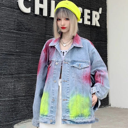 Oversized Lacquer Painted Graffiti Denim Jackets Womens 2023 Autumn Long Sleeve Loose Vintage BF Coats Harajuku Jackets Jeans